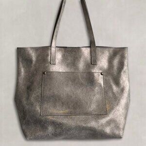 Garnet Hill Leather Tote Functional Pockets Suede Interior Shimmering Gray W L